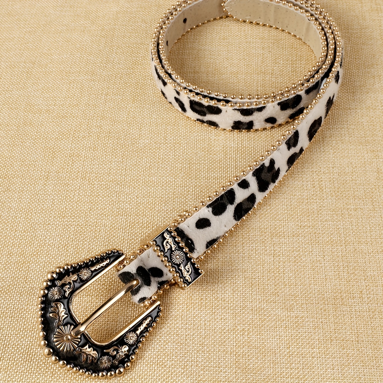 Boho Style Women's Cow Print Beaded Belt Faux Leather Accessory
